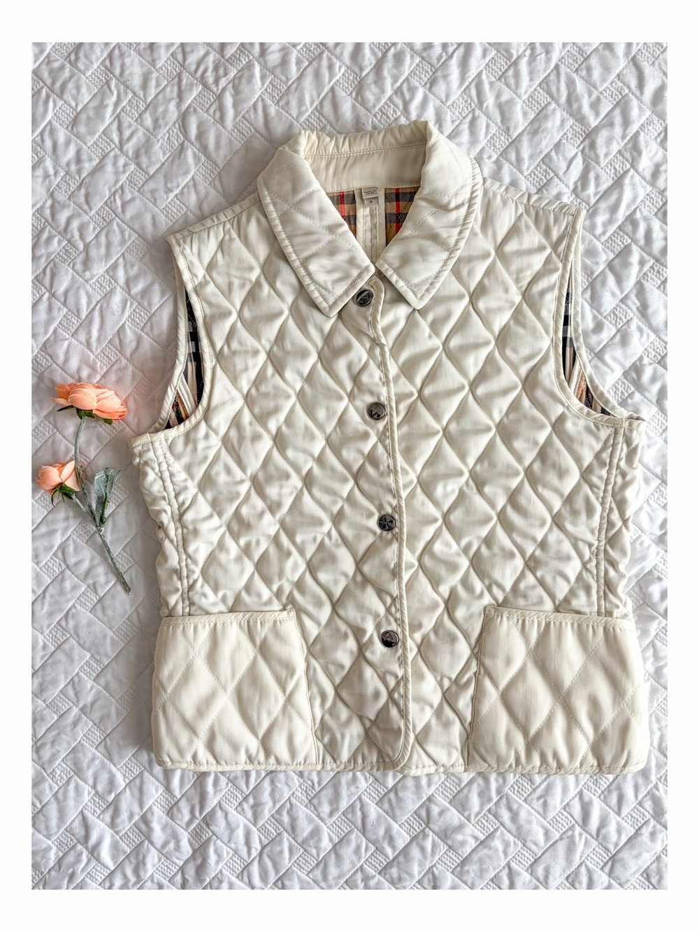 Burberry London Quilted Nova Check Lined Vest Ivory Size S